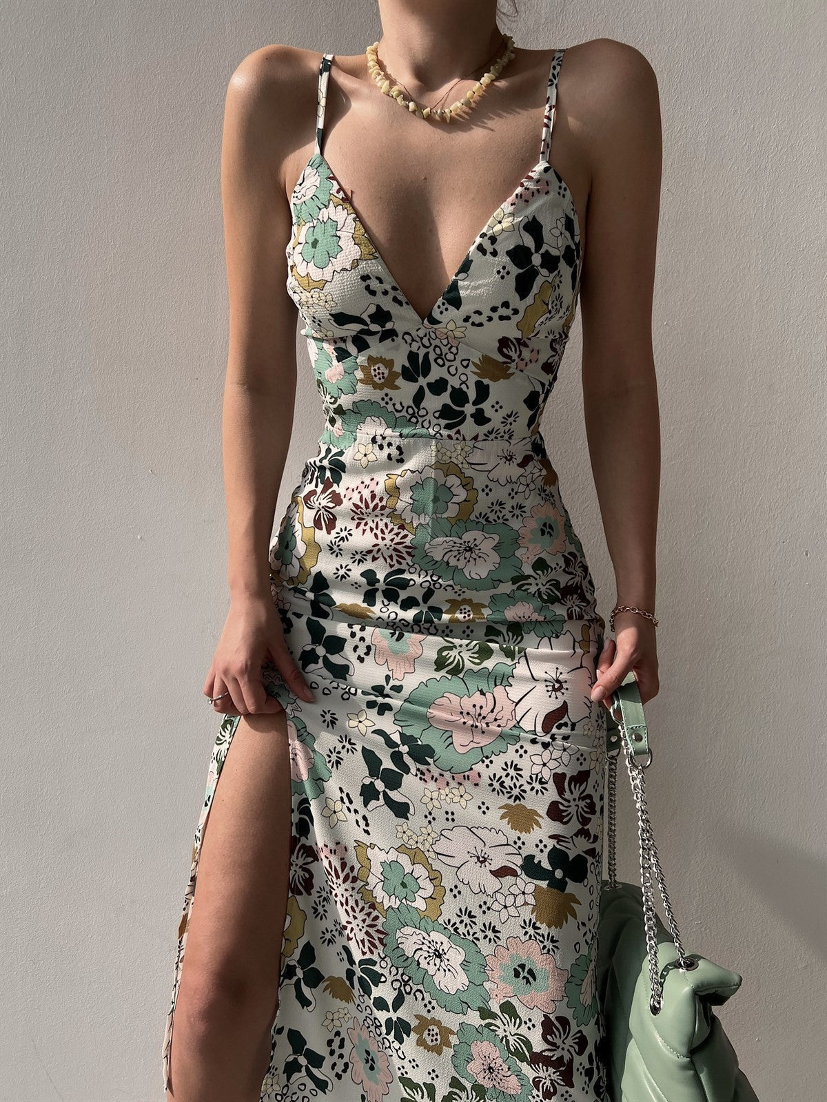 Women's Printed Backless Slit Sling Dress Green