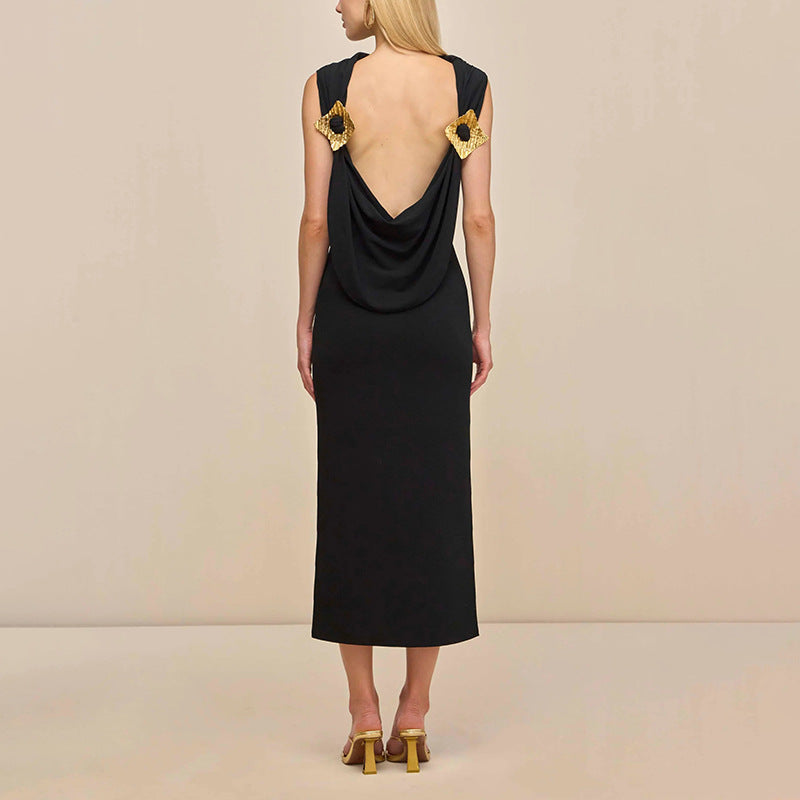 Sexy Lightly Mature Sexy Backless Dress Autumn French Waist Dress Women Black