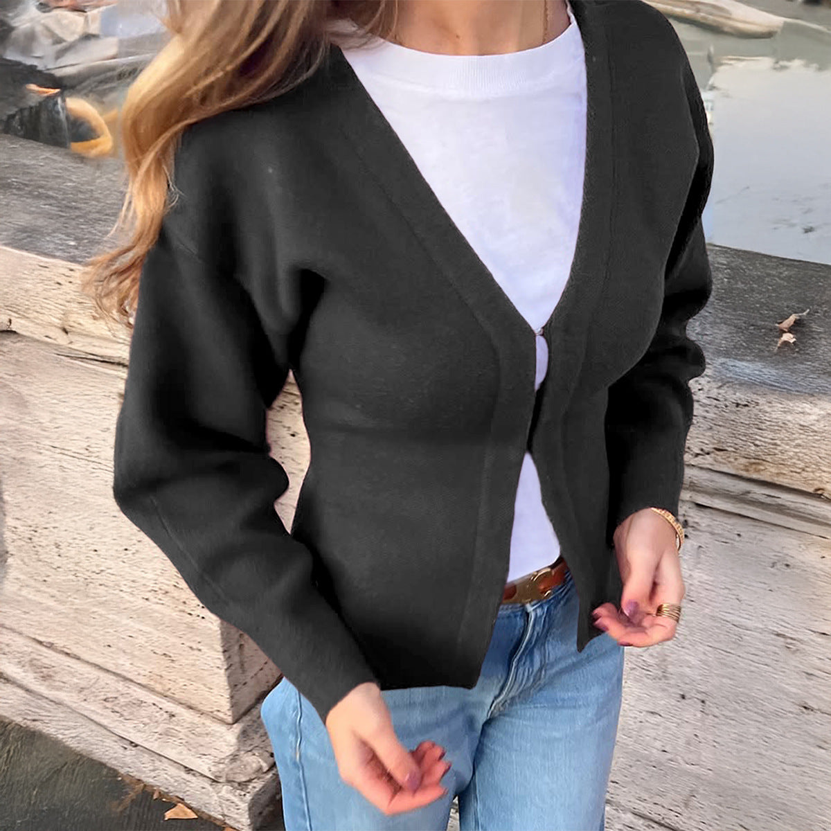 Minimalist Wool Long Sleeve Shirt Sweater Women Clothing Autumn Winter Black