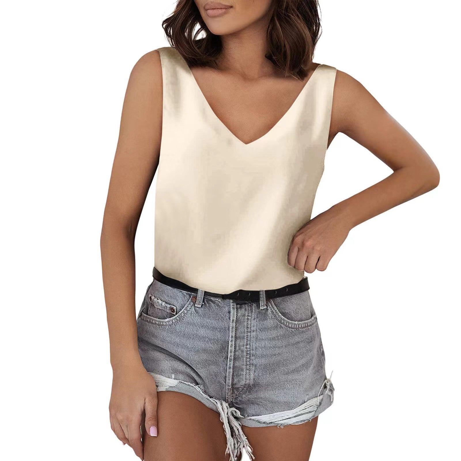 Solid Color Satin Vest V neck Casual Camisole Sleeveless Shirt Summer Basic Apricot