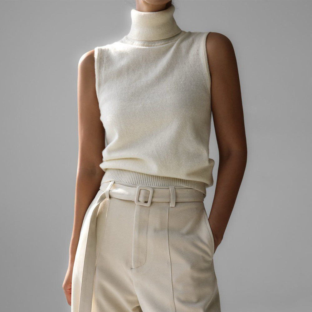 Knitted Sleeveless Vest Autumn High Neck Vest Sweater Minimalist Vest Top Women White