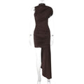 Women Clothing Spring Summer Slim round Neck Pleated Hip Irregular Asymmetric Sleeveless Dress Brown