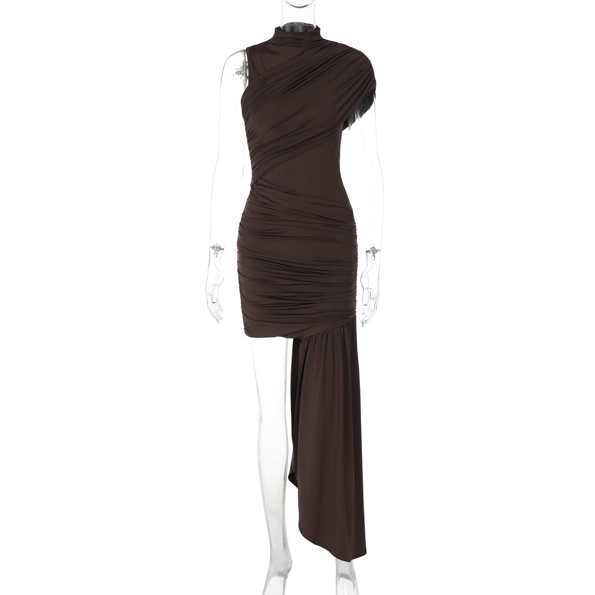 Women Clothing Spring Summer Slim round Neck Pleated Hip Irregular Asymmetric Sleeveless Dress Brown