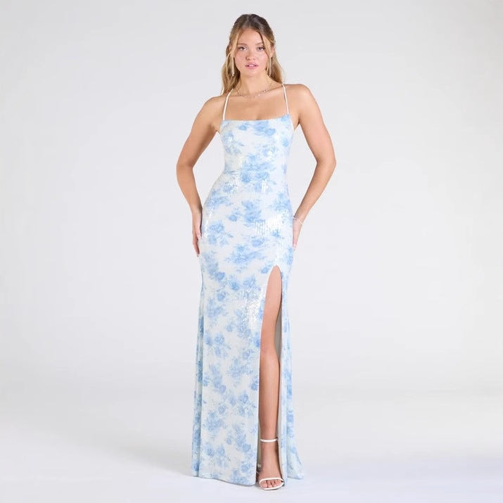 Popular Floral Strap Dress Women Mid Length Dress Slim Split Evening Dress