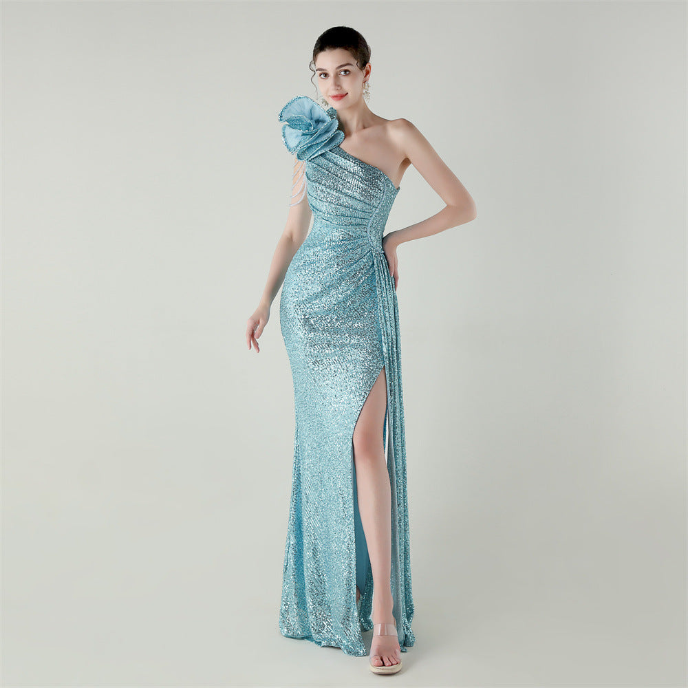 Craft Floral Beaded One Shoulder Diagonal Collar Fishtail Evening Dress Dinner Wedding Awards Ceremony Social Dress Sky Blue