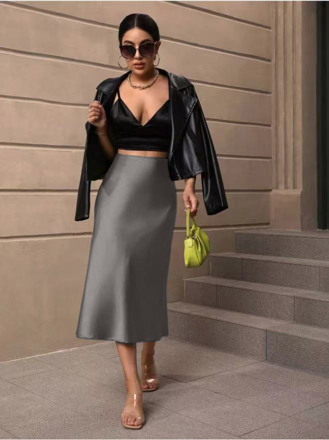 Hip Wrapped Fishtail Skirt Satin Mid Length Skirt Autumn Women Clothing Direct Dark Grey