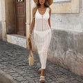Sleeveless Knitted Beach Skirt Hollow Out Cutout Beach Cover Up Long Vest Seaside Sheath Dress White