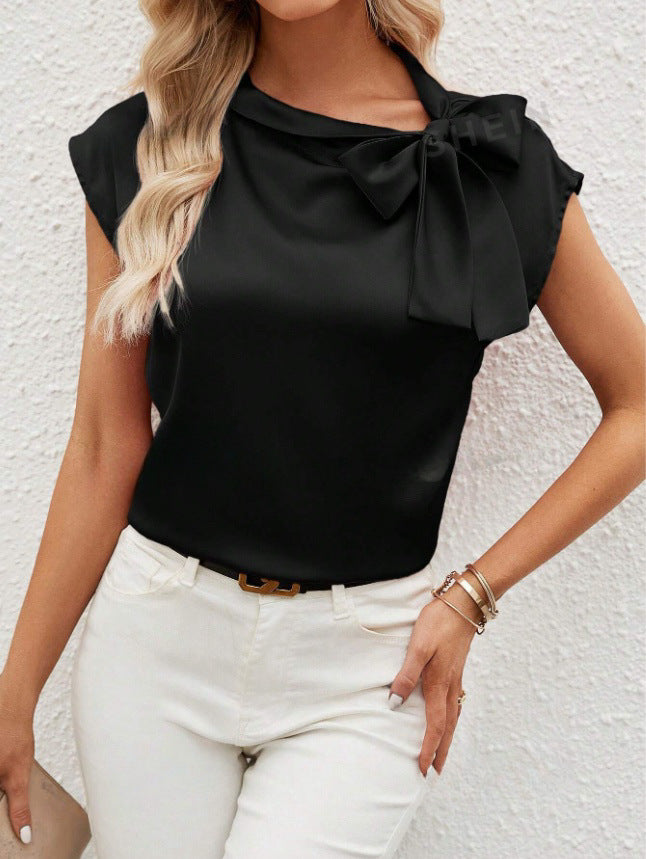 Half Open Collar Bow Satin Top Special Interest Design Satin Women Clothing T shirt Black