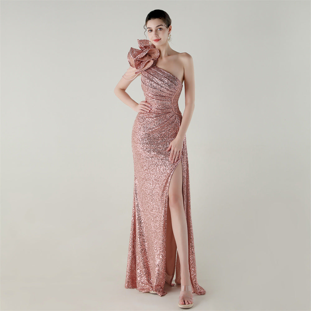 Craft Floral Beaded One Shoulder Diagonal Collar Fishtail Evening Dress Dinner Wedding Awards Ceremony Social Dress Pink