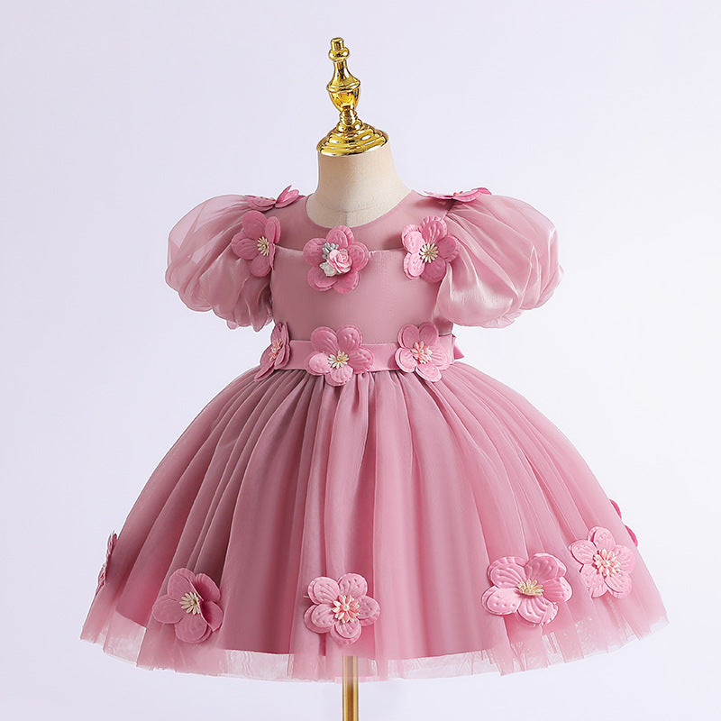 Girls' High-end Flowers Fashionable Dress Bean Pink