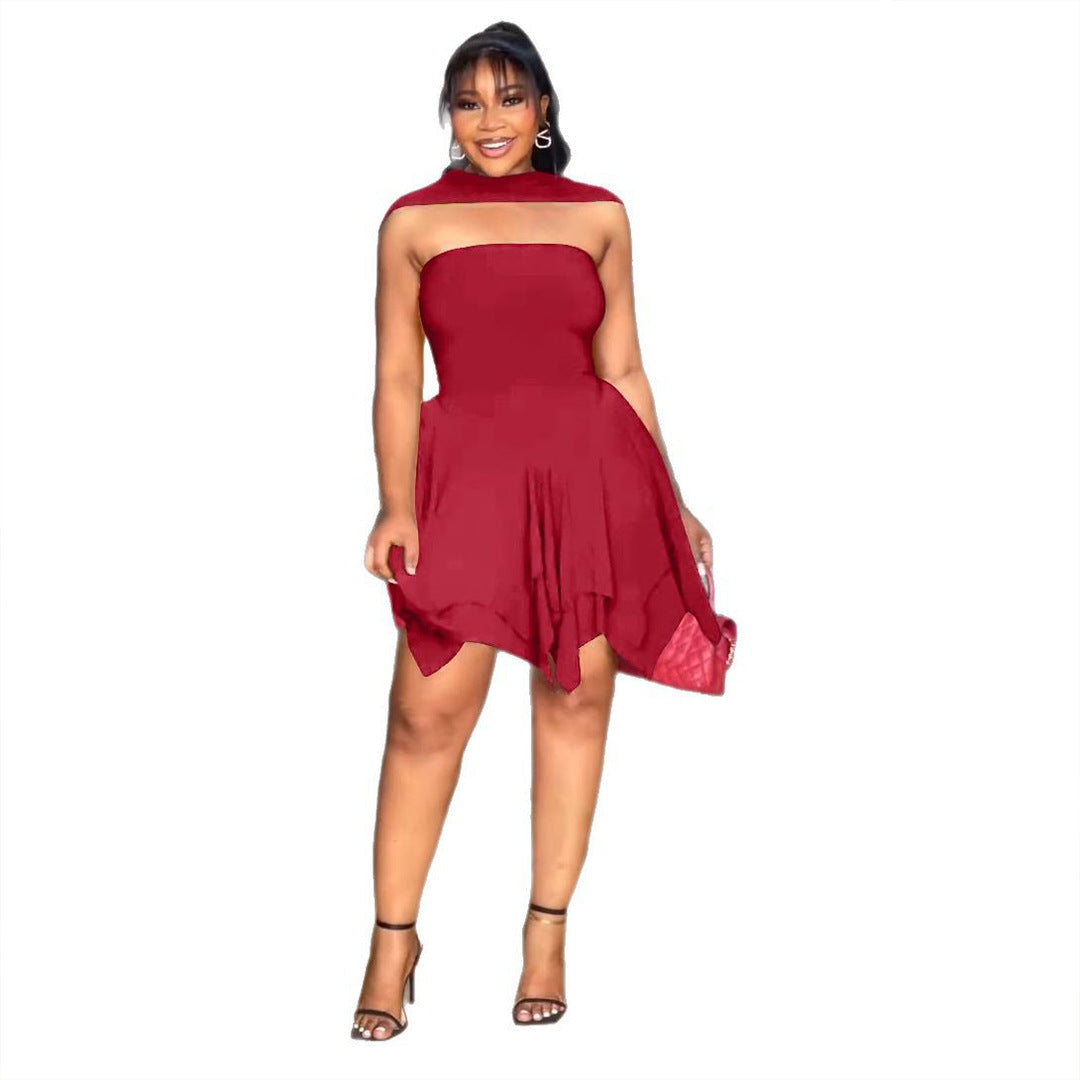 Women Elegant Irregular Asymmetric Double Layer Waist Tube Top Elastic Dress Red