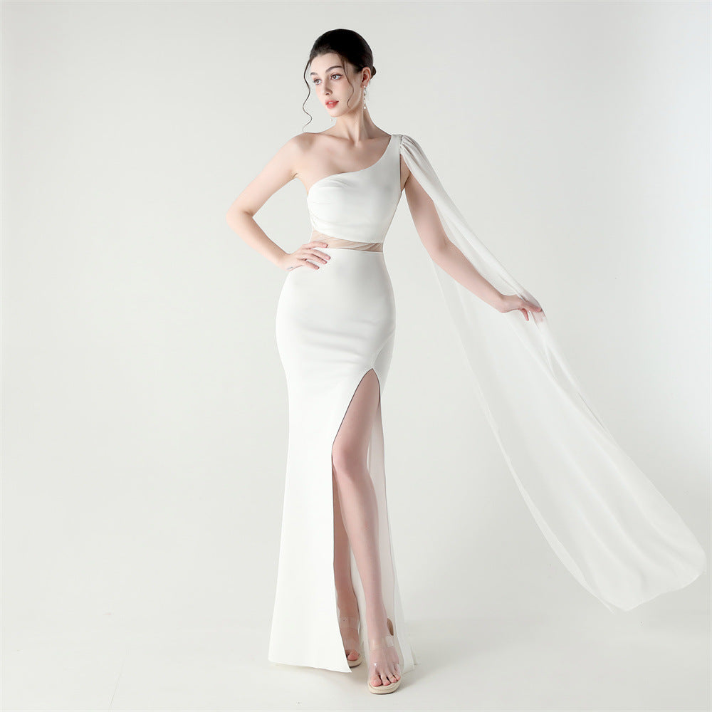 Single Shoulder Crossbody Stitching Mesh Design Satin Slim Cocktail Dress Evening Dress White