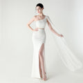 Single Shoulder Crossbody Stitching Mesh Design Satin Slim Cocktail Dress Evening Dress White