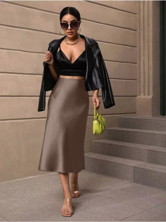 Hip Wrapped Fishtail Skirt Satin Mid Length Skirt Autumn Women Clothing Direct camel