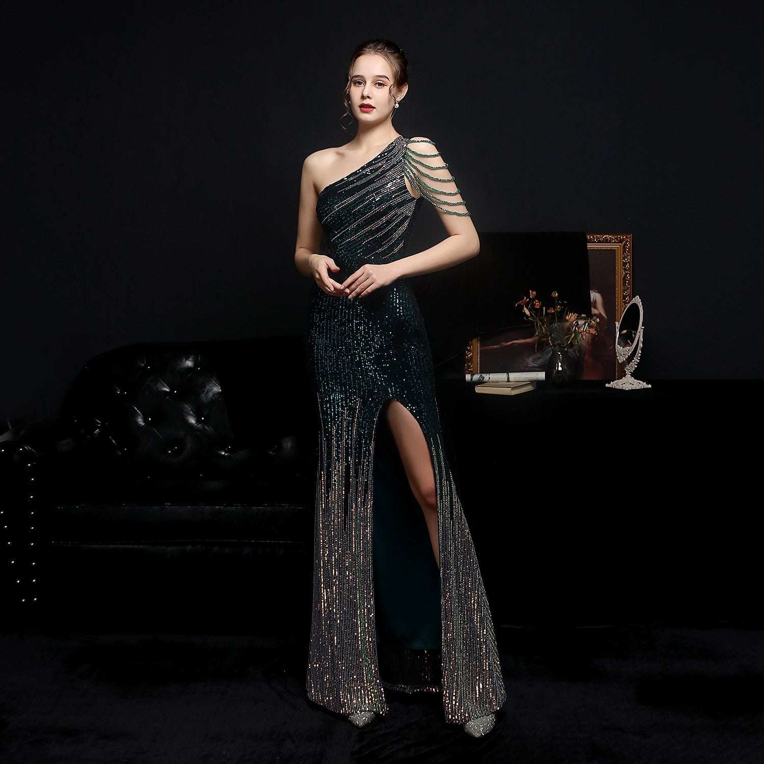 Craft Colorful Sequin Socialite Gathering Party Evening Dress Sexy Long Slimming Toast Dress Bride Formal Gown Green