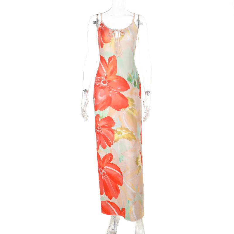 Sexy Suspenders Hollow Out Cutout Print Backless Dress Women Vacation Sexy Dress Orange