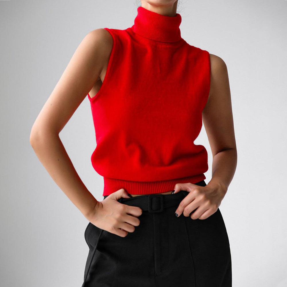 Knitted Sleeveless Vest Autumn High Neck Vest Sweater Minimalist Vest Top Women Red