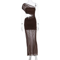 Women Clothing Summer Sexy off Shoulder Gauze Hollow Out Cutout Slim Fit Pleated See through Dress Coffee