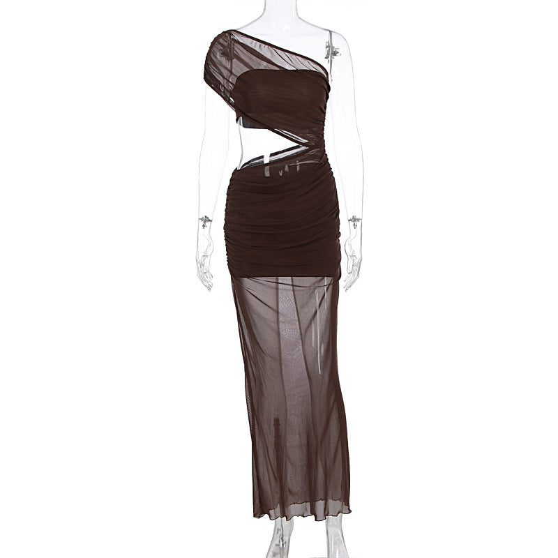 Women Clothing Summer Sexy off Shoulder Gauze Hollow Out Cutout Slim Fit Pleated See through Dress Coffee