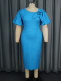 Personality Asymmetric Collar Puff Sleeve Dress Cocktail Elegant Jacquard High Waisted Dress Blue