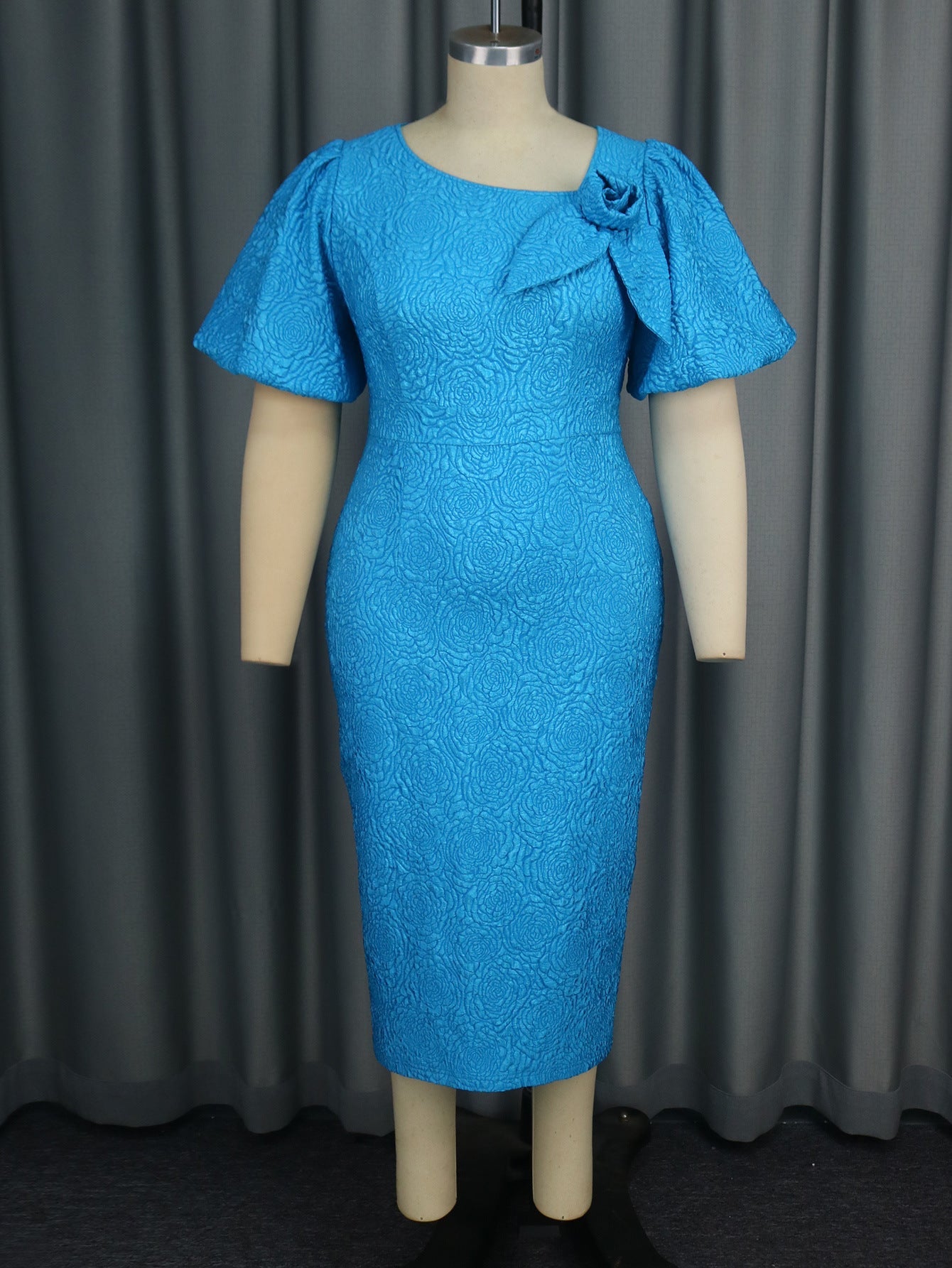 Personality Asymmetric Collar Puff Sleeve Dress Cocktail Elegant Jacquard High Waisted Dress Blue