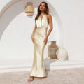 Spring Summer Women Clothing Sexy Waist Trimming Halter Backless Solid Color Sleeveless Dress Women Ivory