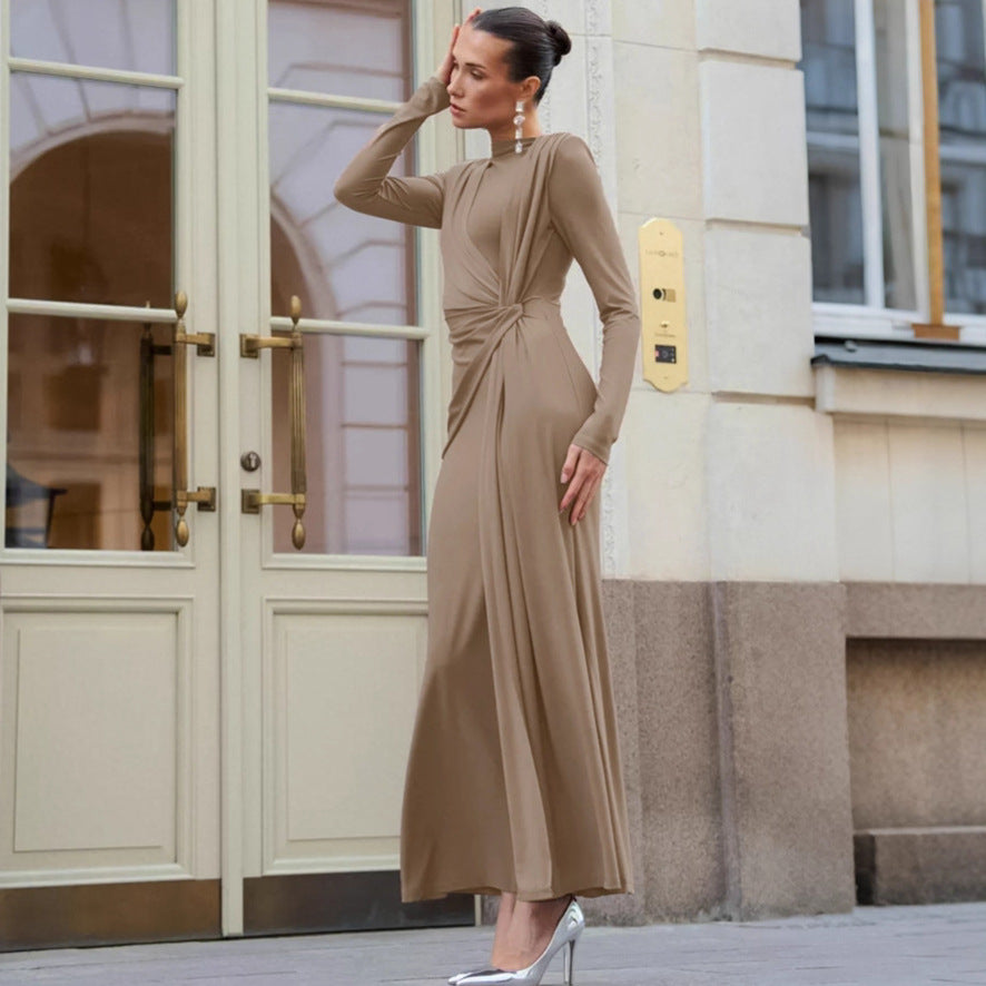 Autumn French Dress Maxi Dress Women Textured Waist Slimming Evening Dress Khaki