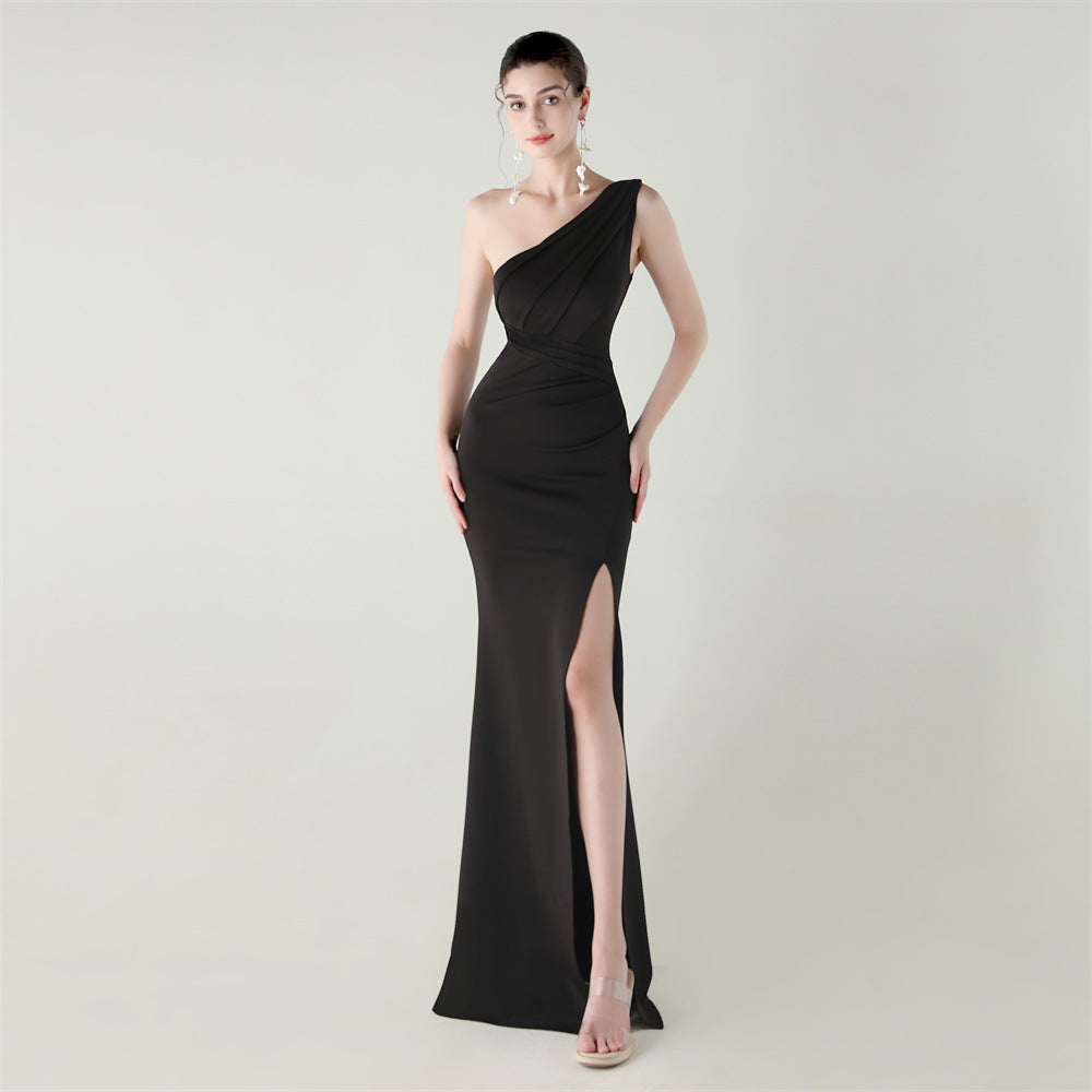 One Shoulder Slim Fit Satin Folding High Slit Sexy Evening Dress Fishtail Dress Dinner Wedding Social Networking Black