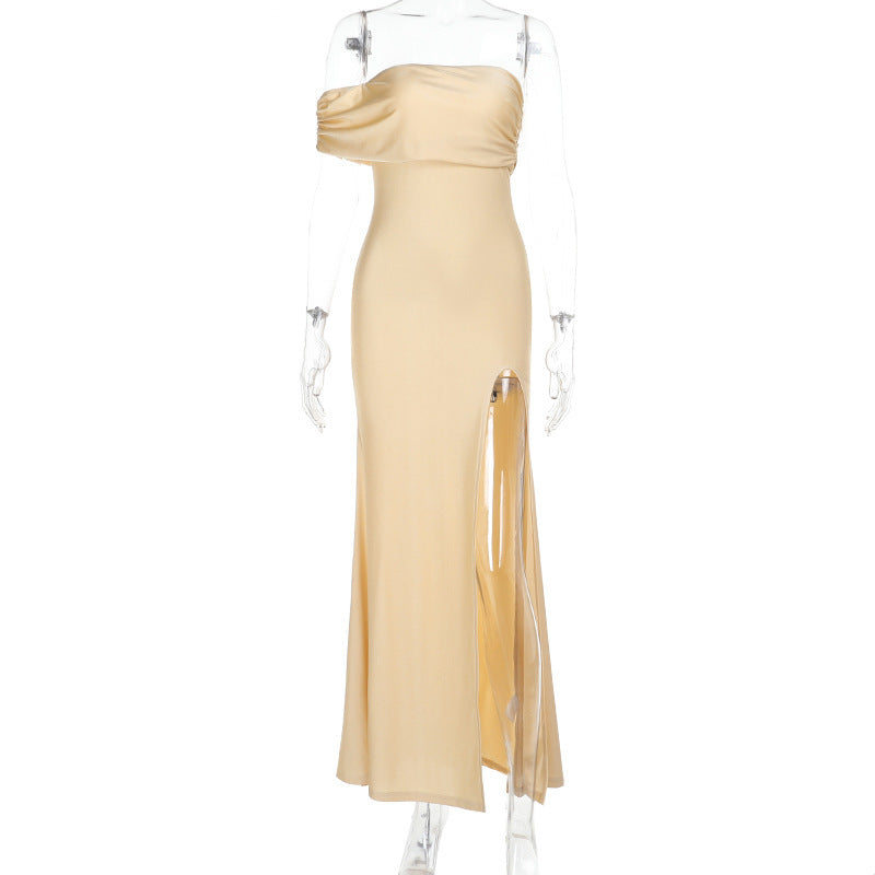 Spring Elegant Sexy Slim Single Sleeve off Shoulder High Slit Dress Gold