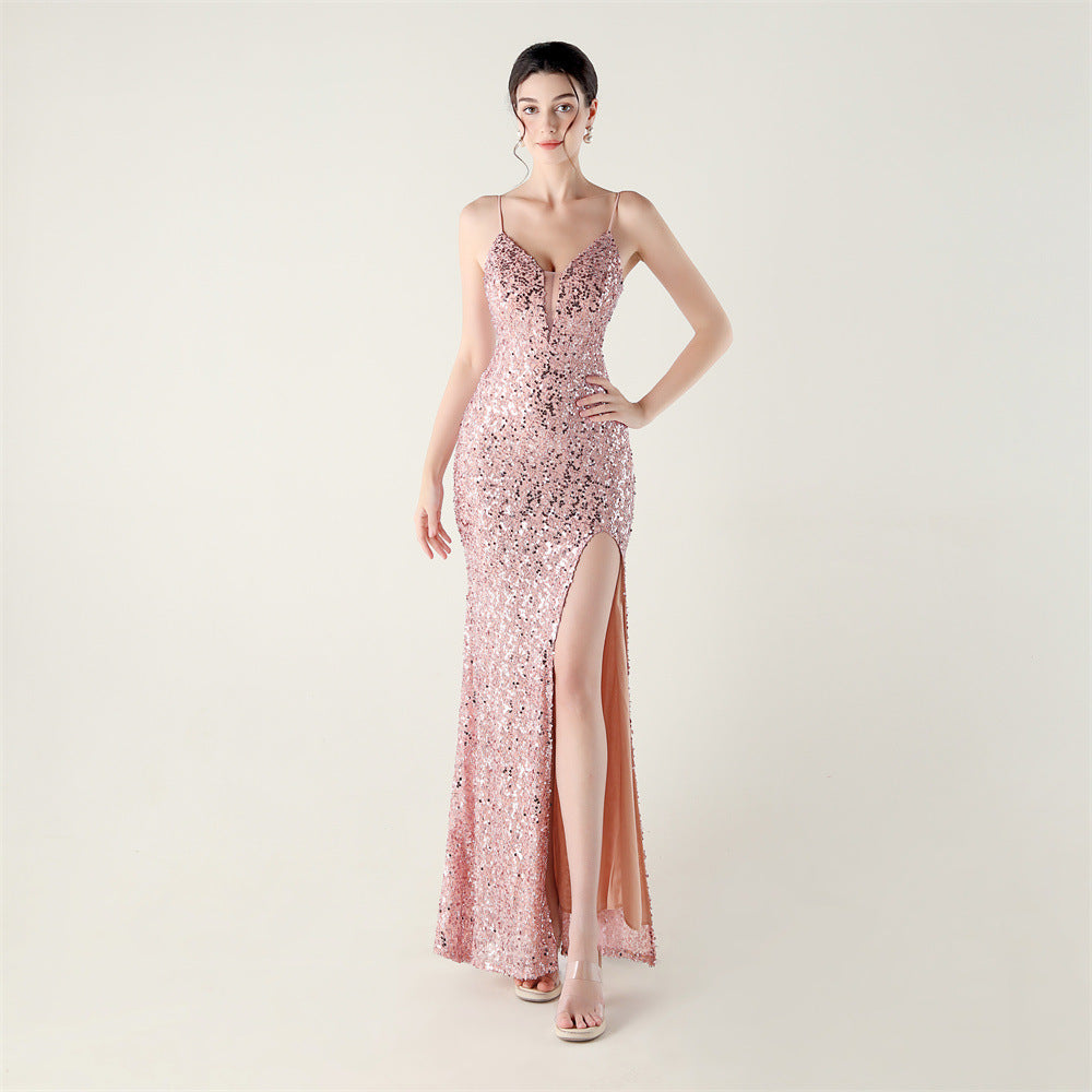 Bead Tube Sequin Spaghetti Strap High Slit Evening Dress Cross Tied Slim Fit Slimming Dinner Social Women Pink