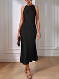 Satin Dress Women Clothing Spring Summer Sleeveless Split Satin Imitation Silk Maxi Dress Black