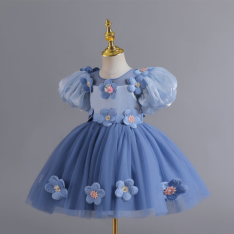 Girls' High-end Flowers Fashionable Dress Blue