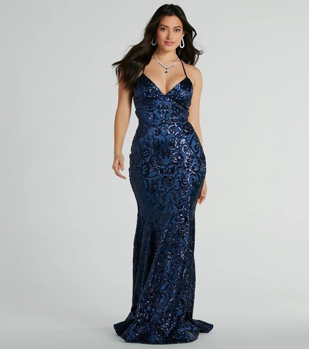 Women Clothing Sexy Lace up Sequ Dress All Matching Maxi Dress Navy Blue