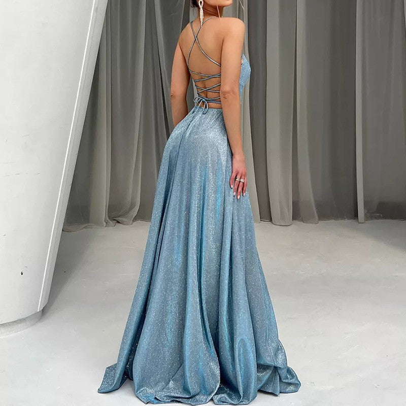 Women Sling Backless Sexy Slit Glitter Party Cocktail Evening Dress skyblue