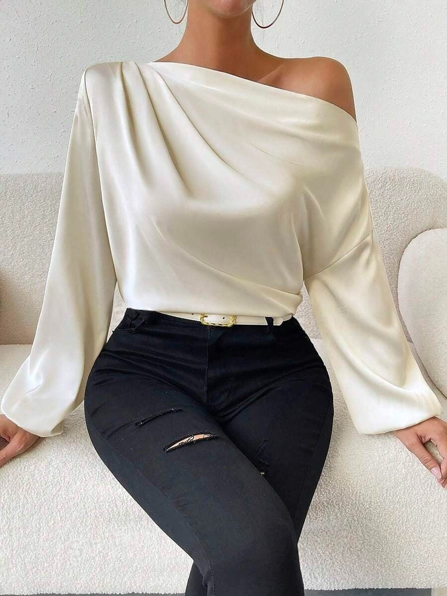 Oblique Shoulder Design Long Sleeve Shirt Women Asymmetric Pullover Top Solid Color Satin Long White