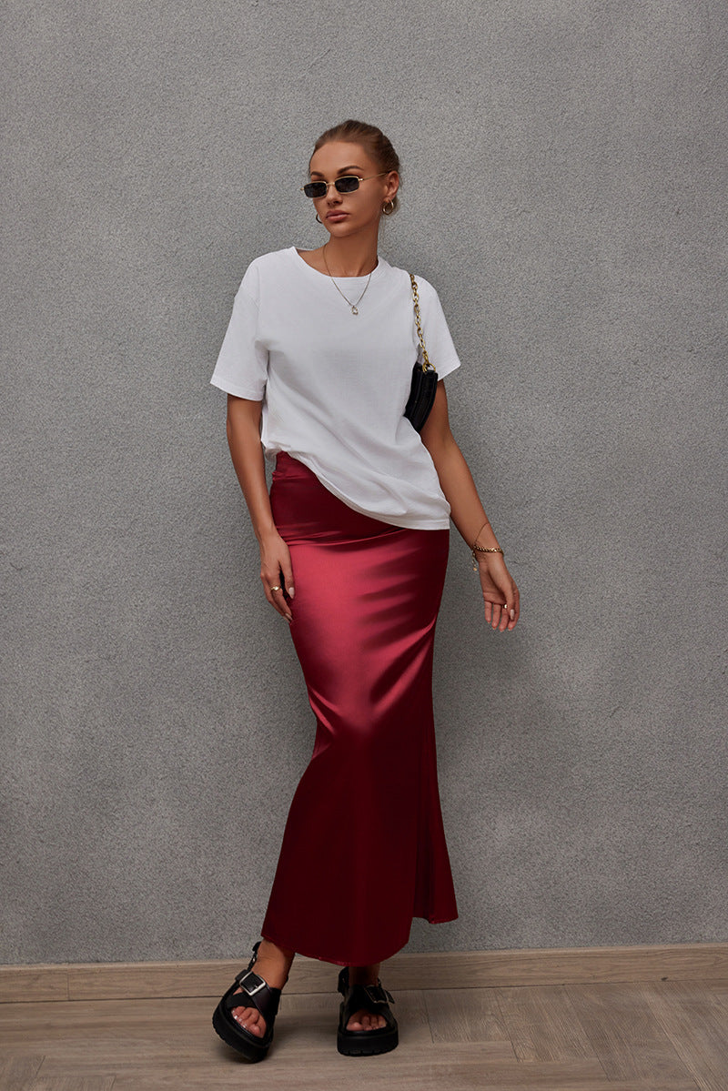 Spring Summer Artificial Silk Skirt Satin Skirt Women Casual Satin Hip Skirt Burgundy