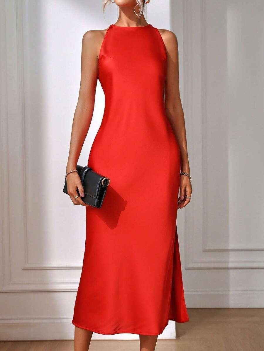 Satin Dress Women Clothing Spring Summer Sleeveless Split Satin Imitation Silk Maxi Dress Red