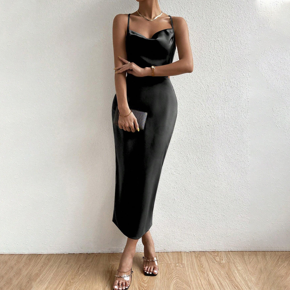 Summer Women Clothing Sexy Backless Satin Strap Dress Party Dress Black
