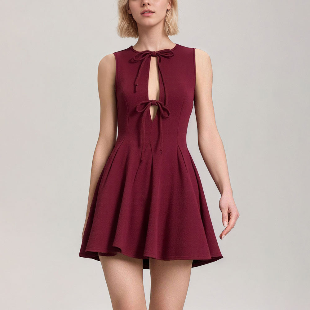 Women Clothing Summer Elegant Slim Fit Fitted Waist Bowknot Stitching Sexy Sweet Sleeveless Dress Dark Red