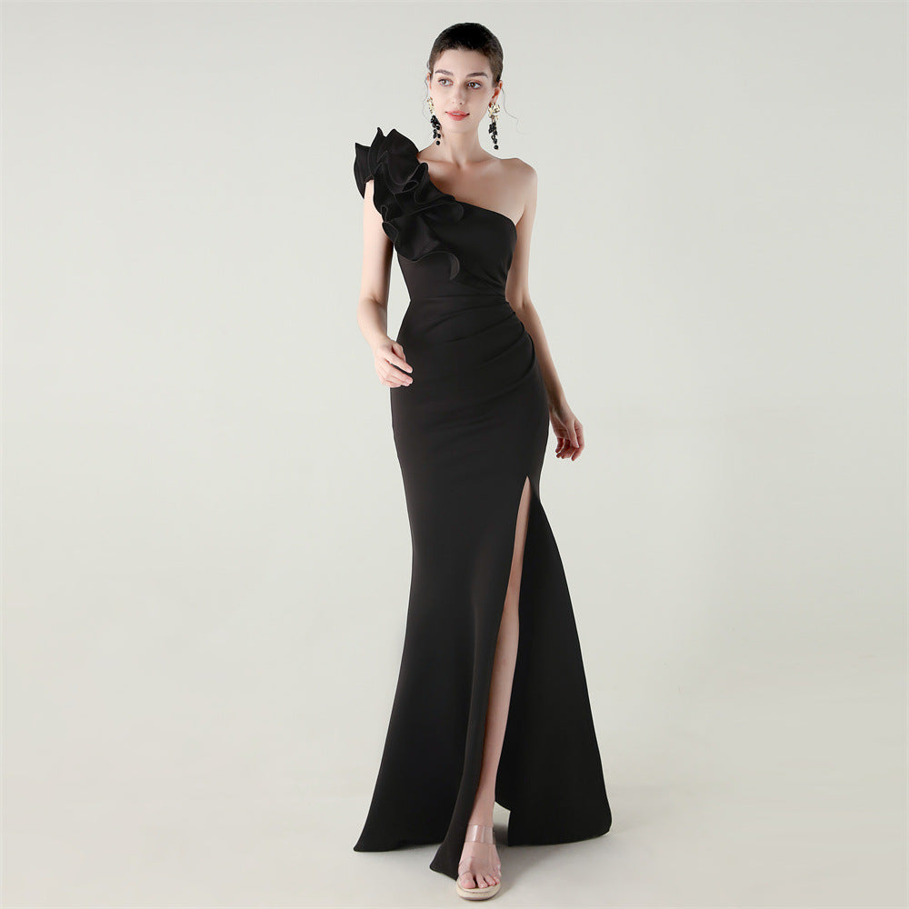 One Shoulder Craft Wave Floral Satin High Slit Sexy Evening Dress Dinner Party Wedding Social Black