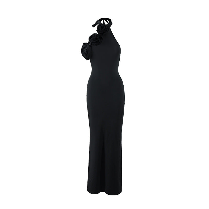 Women Clothing Three Dimensional Floral Sexy Halter Backless Split Dress Black