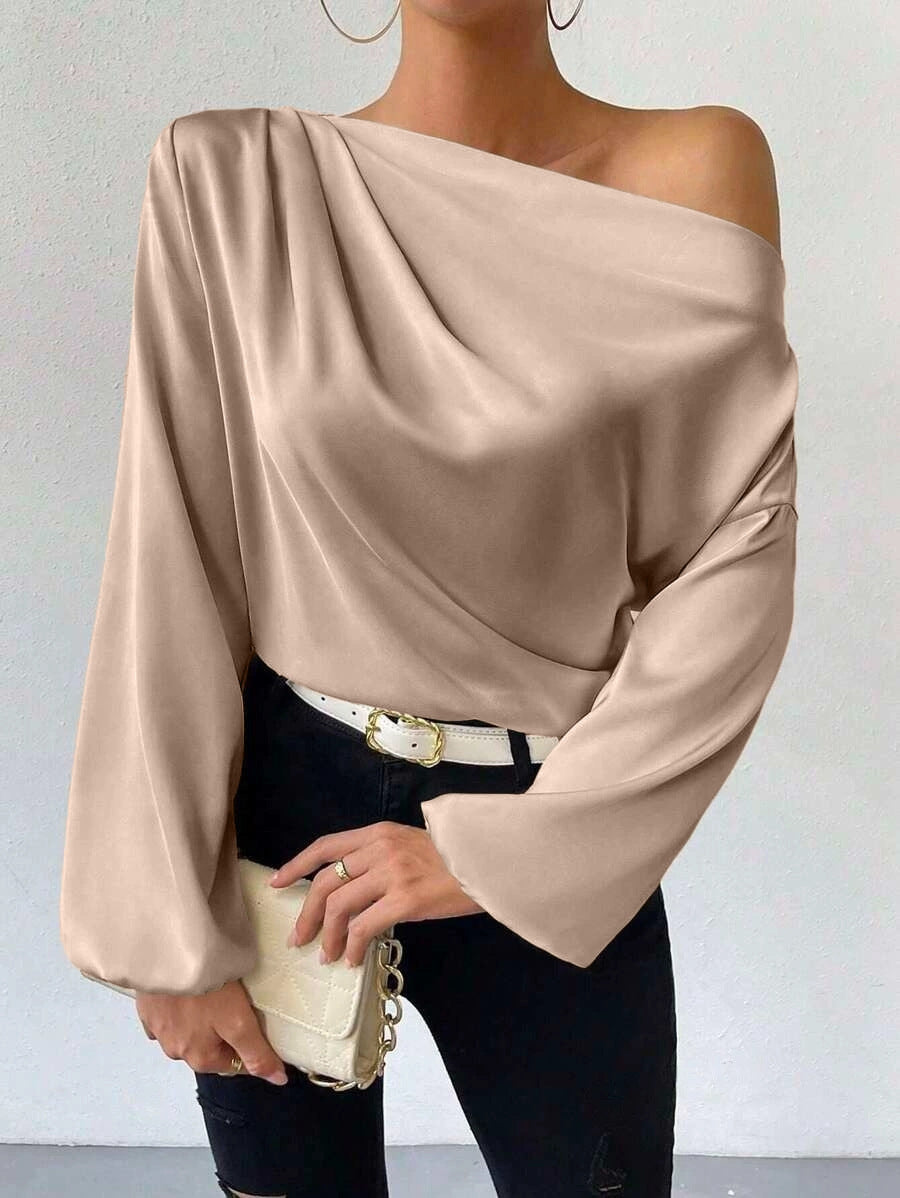 Oblique Shoulder Design Long Sleeve Shirt Women Asymmetric Pullover Top Solid Color Satin Long Apricot