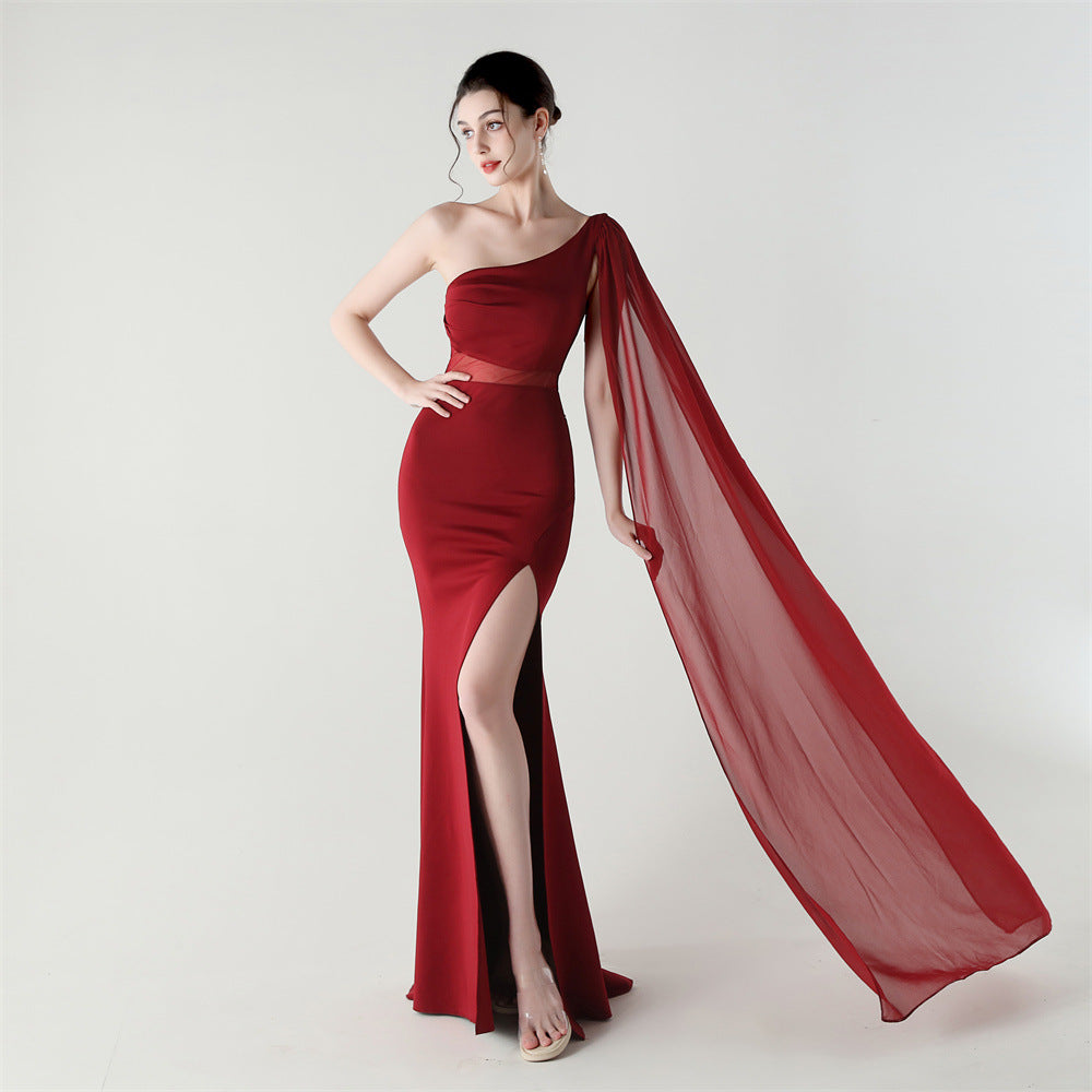 Single Shoulder Crossbody Stitching Mesh Design Satin Slim Cocktail Dress Evening Dress Burgundy