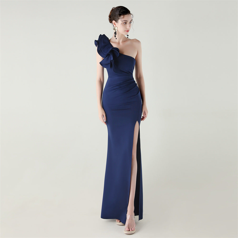 One Shoulder Craft Wave Floral Satin High Slit Sexy Evening Dress Dinner Party Wedding Social purplish blue