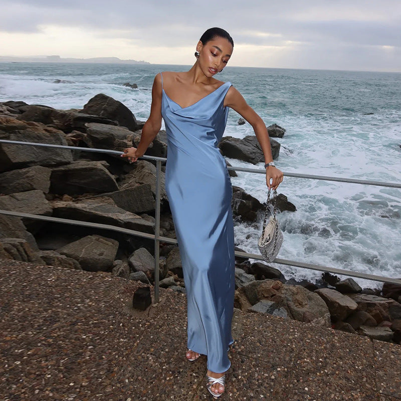 Sling Pockets Collar Sexy Backless Satin Formal Dress Elegant Evening Dress Blue