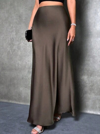 Satin Skirt Autumn Winter Simple A line Long Skirt Women Clothing Coffee