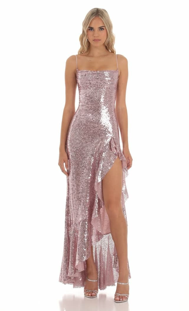 Sequin Sling Dress Split Host Cocktail Sexy Prom Evening Dress Women Pink
