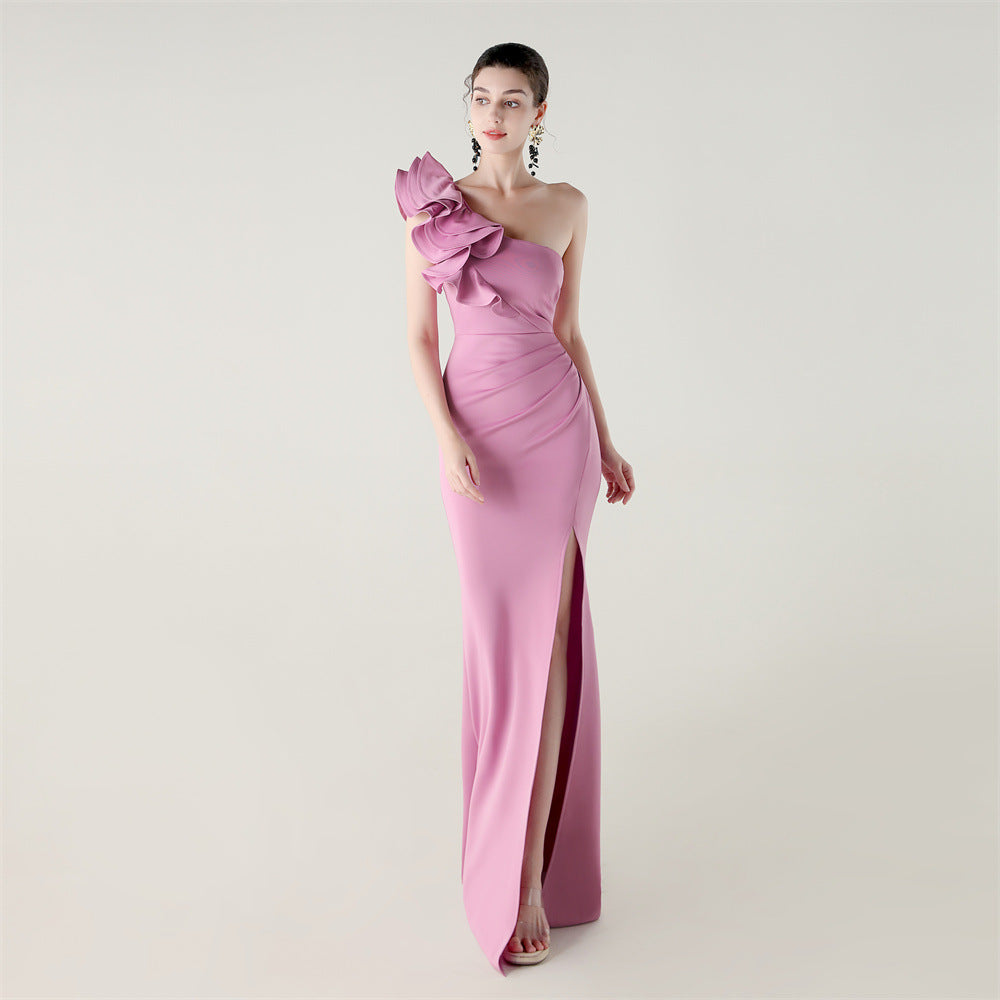 One Shoulder Craft Wave Floral Satin High Slit Sexy Evening Dress Dinner Party Wedding Social Lavender