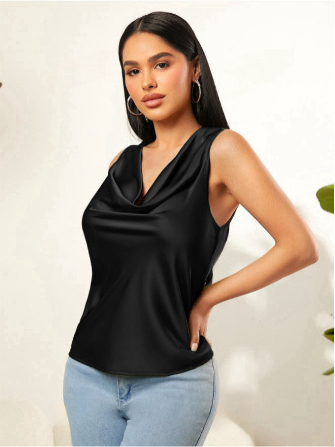 Summer Satin Pile Collar Solid Color Sleeveless Vest Women Sleeveless Blouse Black