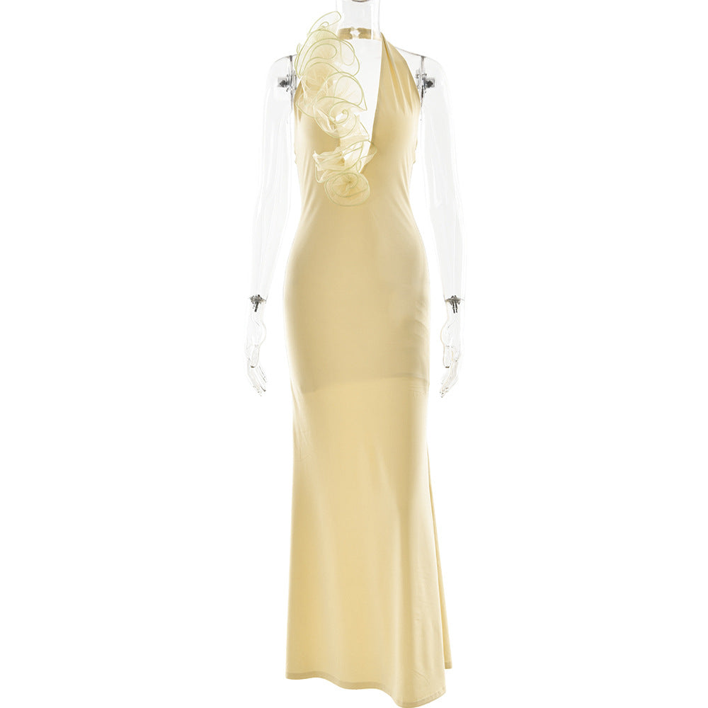 Summer Elegant Halter Deep V Plunge Dress Sexy Backless Sheath Dress Yellow